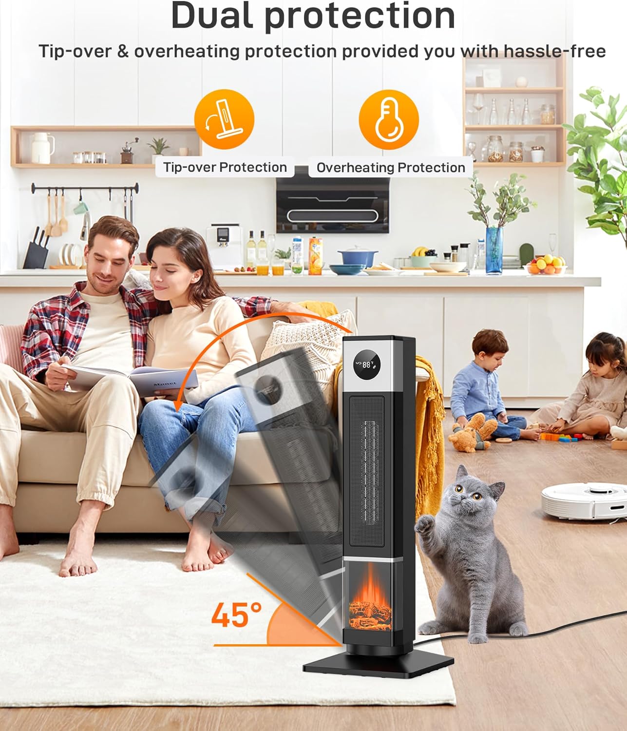 Domenow 33 Ceramic Tower Space Heater with 3D Flame and Timer