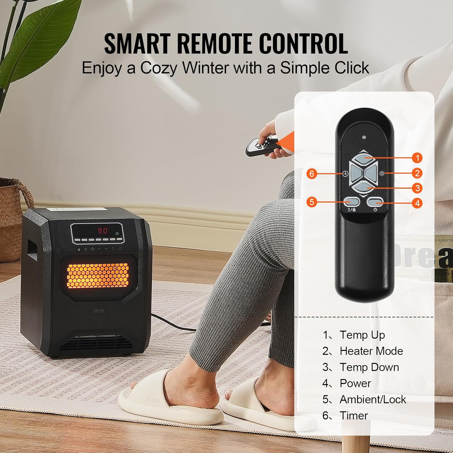 VEVOR Infrared Heater 1500W Remote Control with 3 Speeds and Timer