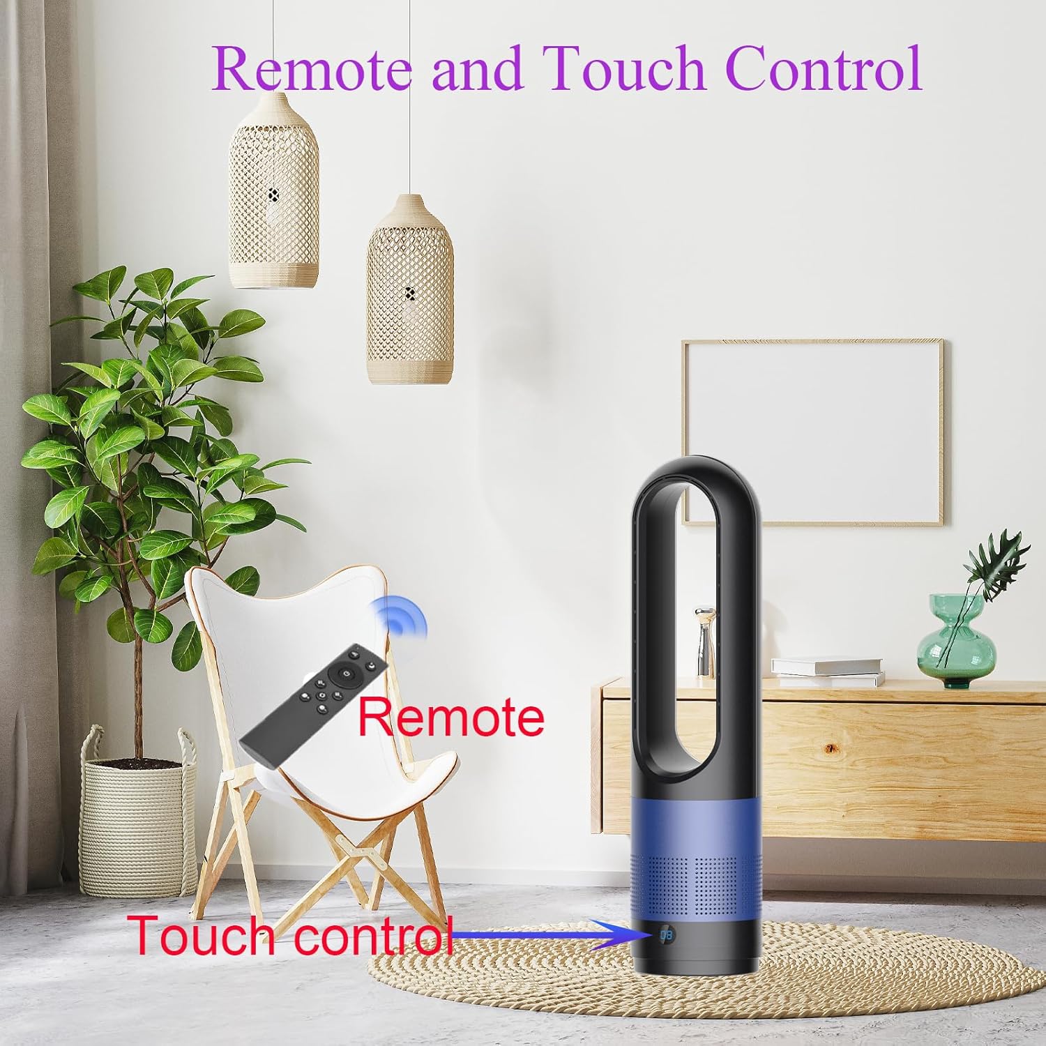 Voagupa Bladeless Heater Fan Combo 1400W 40W Remote Touch Control Blue Black