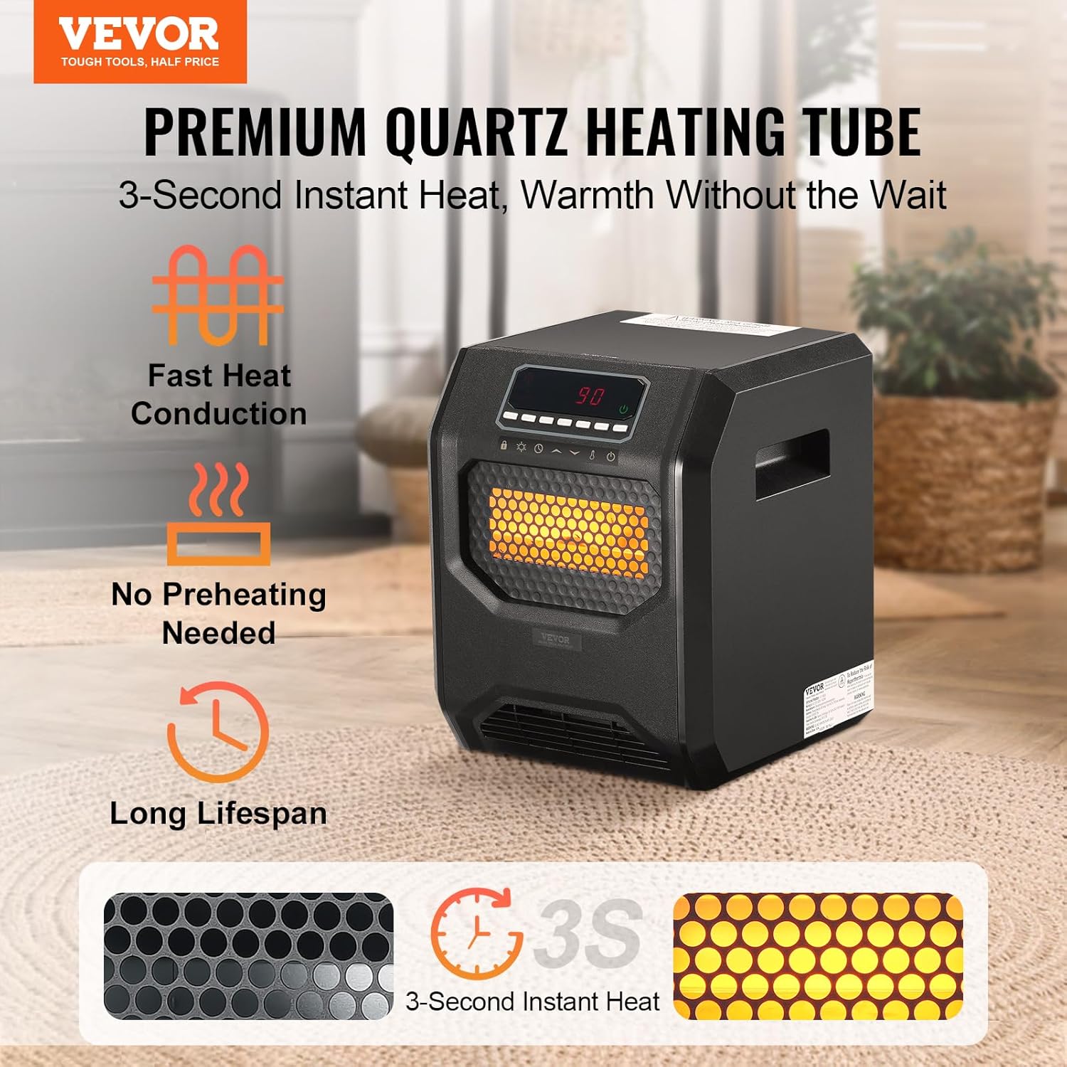 VEVOR Infrared Heater 1500W Remote Control with 3 Speeds and Timer
