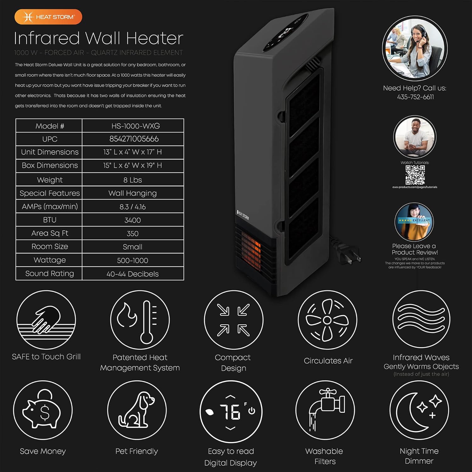 Heat Storm Wall Mount Gray 1000W Indoor Heater