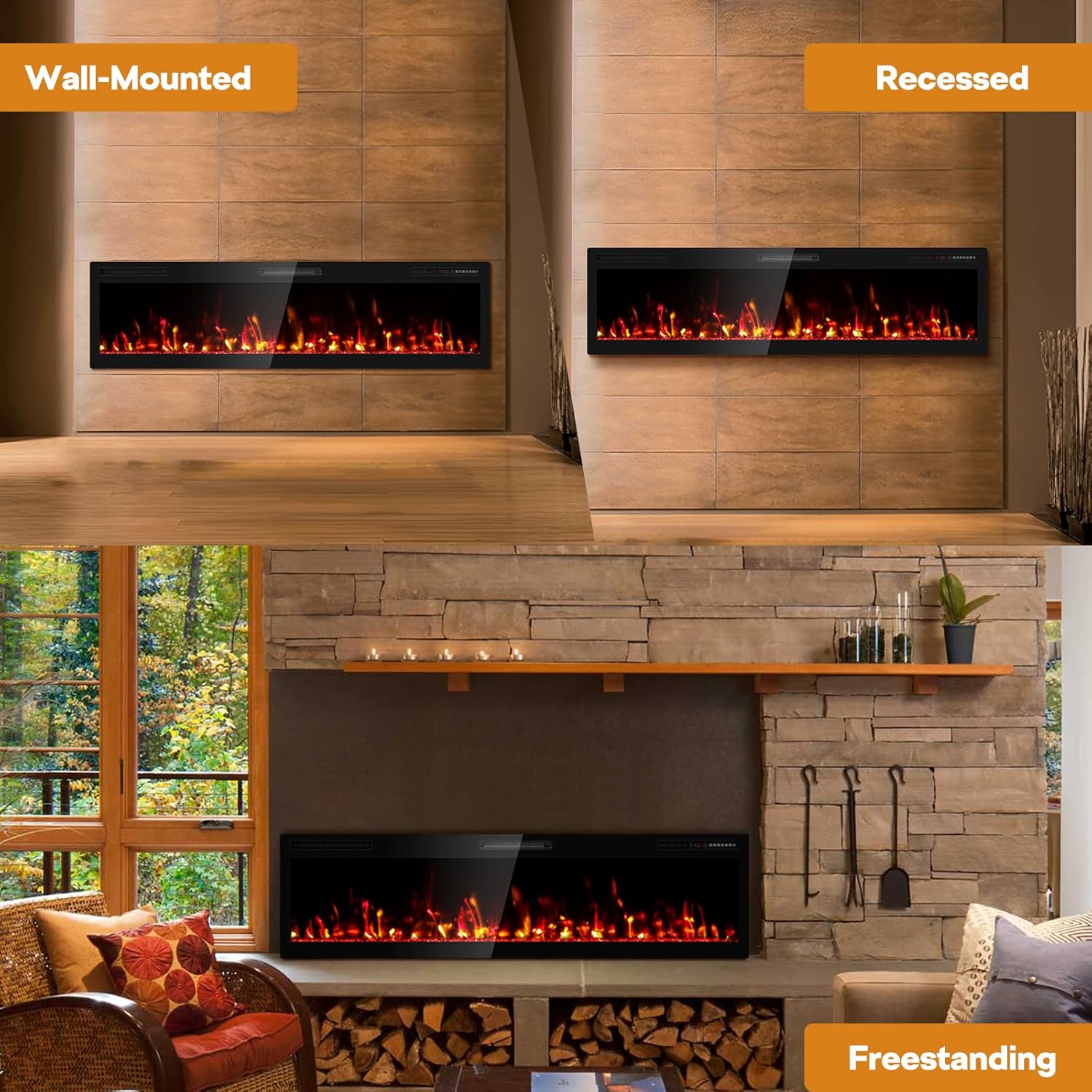68 Electric Fireplace with HD Flame and Remote Control